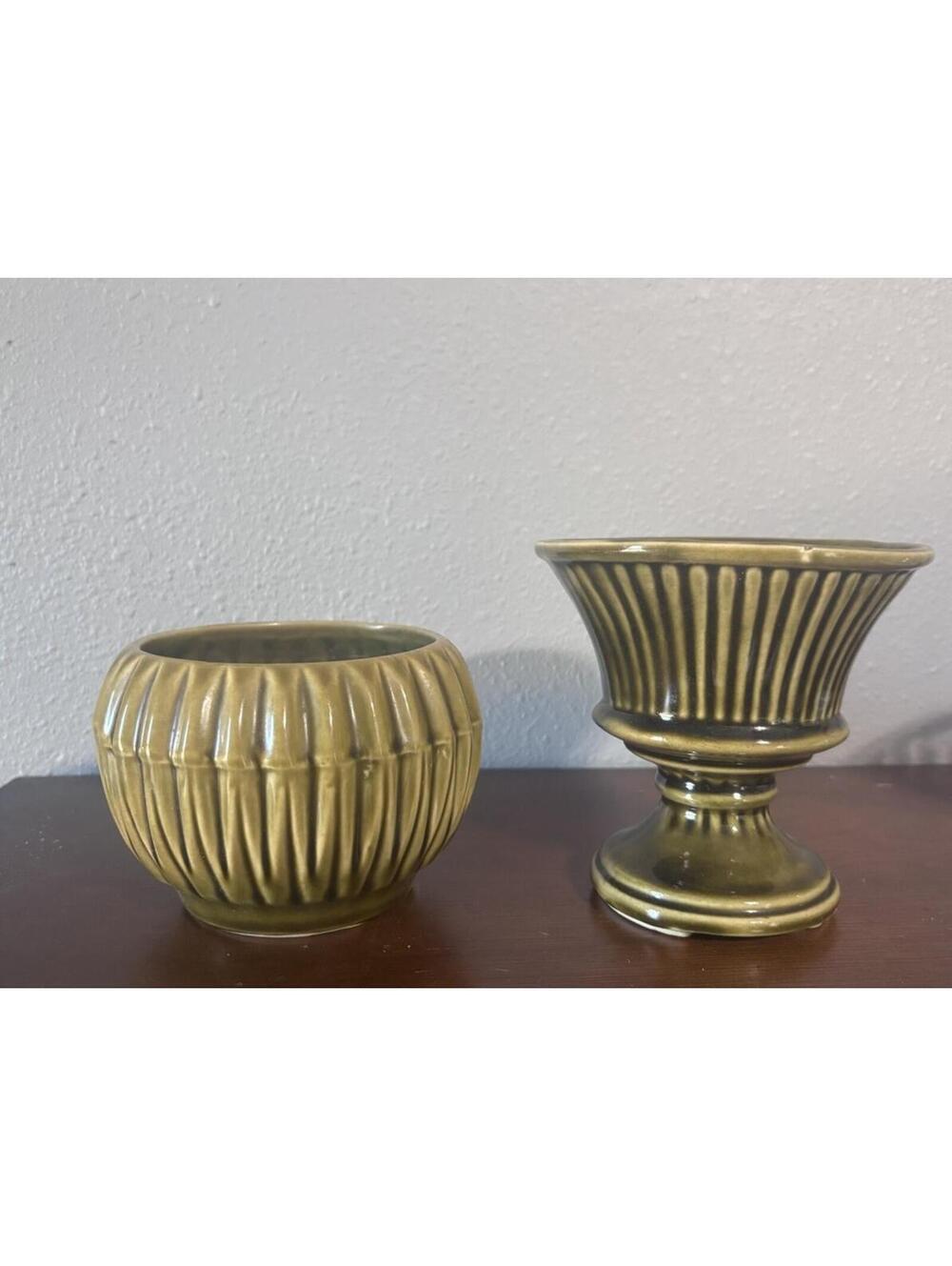 Set of 2 Green Ribbed Small Planters McCoy Art Pottery And Other